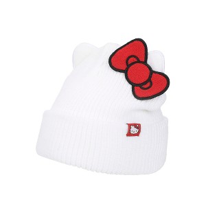 Hello Kitty Novelty Ear White Acrylic Beanie With Cut Fabric Bow With Embroidery And Red Woven Label Cuff Beanie - 1 of 4