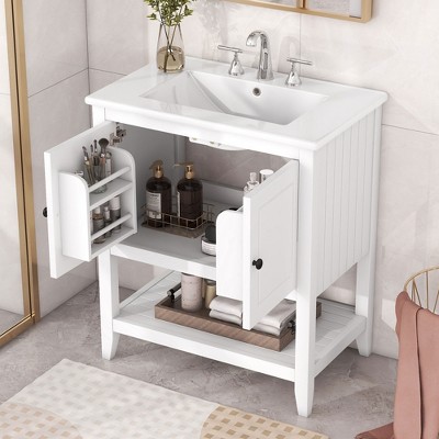 Whisen Modern Bathroom Vanity with Ceramic Sink, Bathroom Vanity with Solid Wood Frame and Open Style Shelf
