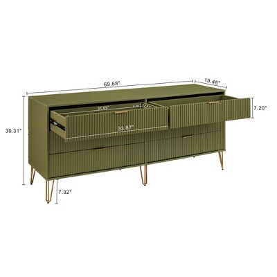 Olive Green Vertical Ribbed 6-Drawer Double Dresser with Soft Close