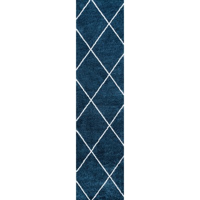 Navy and White Diamond Trellis Reversible Runner Rug
