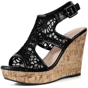 BLISSFUL STEP Women's Lace Pattern Ankle Strap Platform Wedges Heel Sandals - 1 of 3