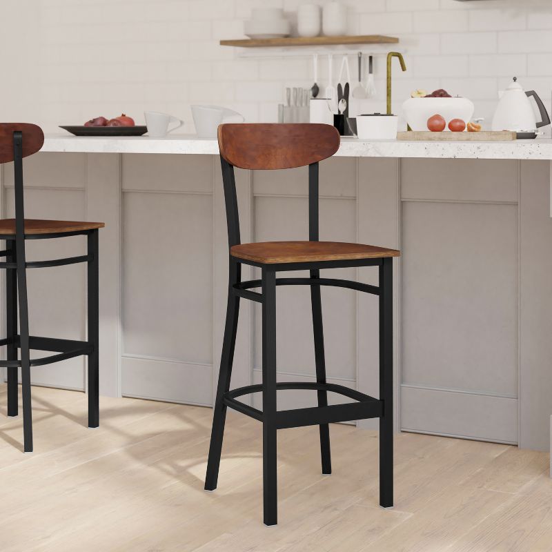 Emma and Oliver Industrial Barstool with Rolled Steel Frame and Solid Wood Seat - 500 lbs. Static Weight Capacity, 2 of 10