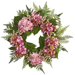 24" Artificial Hydrangea & Berry Wreath Pink - Nearly Natural