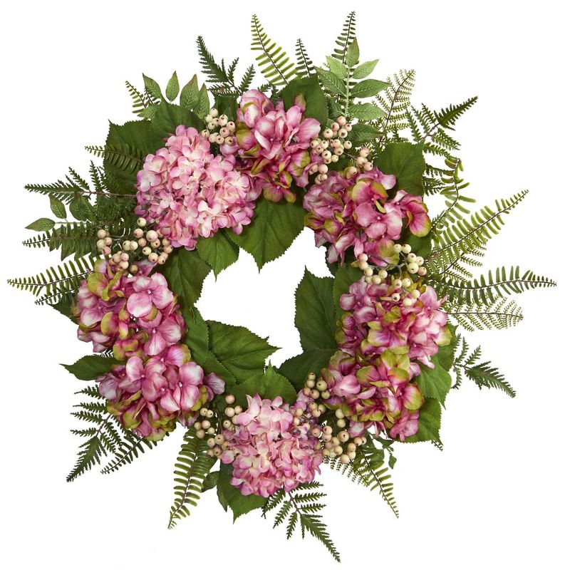 24&#34; Artificial Hydrangea &#38; Berry Wreath Pink - Nearly Natural, 1 of 5
