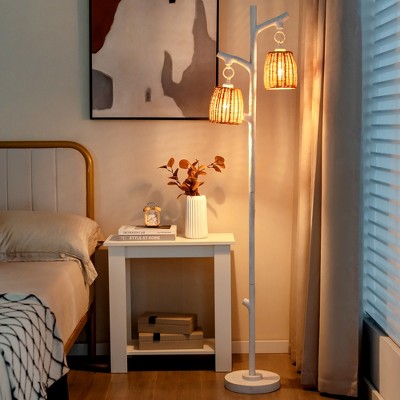 White Faux Wood Adjustable Floor Lamp with Wicker Shades