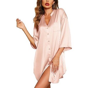 Ekouaer Satin Nightgowns for Women Silk Sleepwear Button Down Sleepshirt 3/4 Sleeve V-Neck Nightshirts with Pockets - 1 of 4