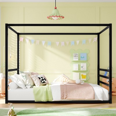 CAVINAS Twin/Full/Queen Size Kid Sunshade Floor Bed,Metal Canopy Toddler Bed Frames,Floor Bed for Kids,Girls&Boys,No Box Spring Needed