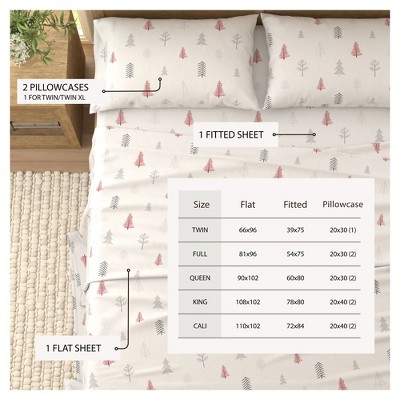 Winter Trees Red and Gray Cotton Flannel King Sheet Set