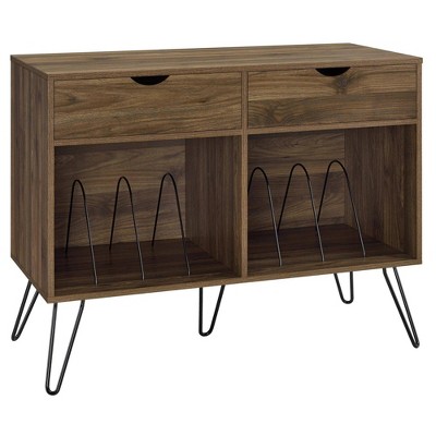 Mid-Century Walnut Turntable Stand with Hairpin Legs and Storage