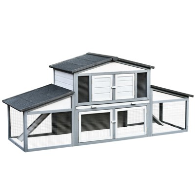 PawHut 88.5" Wooden Rabbit Hutch Bunny Hutch Guinea Pig House with Removable Tray, Double Ramp and Weatherproof Asphalt Roof for Outdoor
