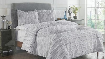 Gray King Cotton Comforter Set with Textured Stripes