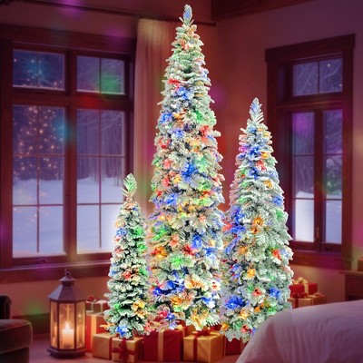 Whisen 8FT, 6FT, 4FT x 3 Pre-Lit Pencil Christmas Trees with Snow Flocking, 1820 Branch Tips, 350 LED Lights, 11 Lighting Modes