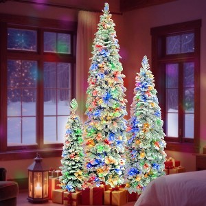 Whisen 8FT, 6FT, 4FT x 3 Pre-Lit Pencil Christmas Trees with Snow Flocking, 1820 Branch Tips, 350 LED Lights, 11 Lighting Modes - 1 of 4