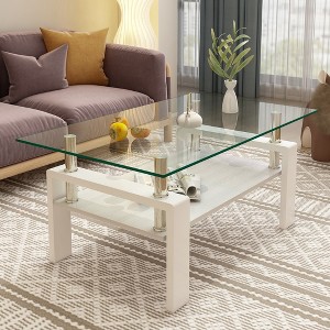 Rectangle Coffee Table, Tempered Glass Tabletop with MDF Layer, Black Iron Leg Modern Table, for Living Room - 1 of 4