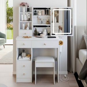 FONTOI 29.2"W/37"W/41"W Makeup Vanity Table with Left Drawer Stool Large Sliding Mirror Capacity Storage for Bedroom Dressing Room, White/Black - 1 of 4