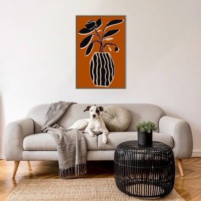 Ochre and Black Abstract Floral Canvas Print with Bronze Frame