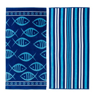 Great Bay Home Cotton Printed 2-Pack Beach Towel  (2 Pack- 30" x 60", Fish & Stripes)