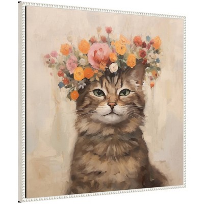 Kate & Laurel All Things Decor 30"x30" Sylvie Adorable Floral Boho Cat Framed Canvas by The Creative Bunch Studio Beaded White