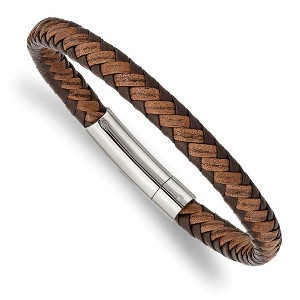 Black Bow Jewelry 7mm Stainless Steel & Two Tone Braided Leather Bracelet, 8.25 Inch - 1 of 4
