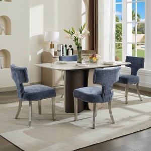 Okak Mid Century Dining Chairs Set of 2, Curved Linen Upholstered Back with Copper Nailheads, Solid Hardwood Frame Accent Chair - 1 of 4