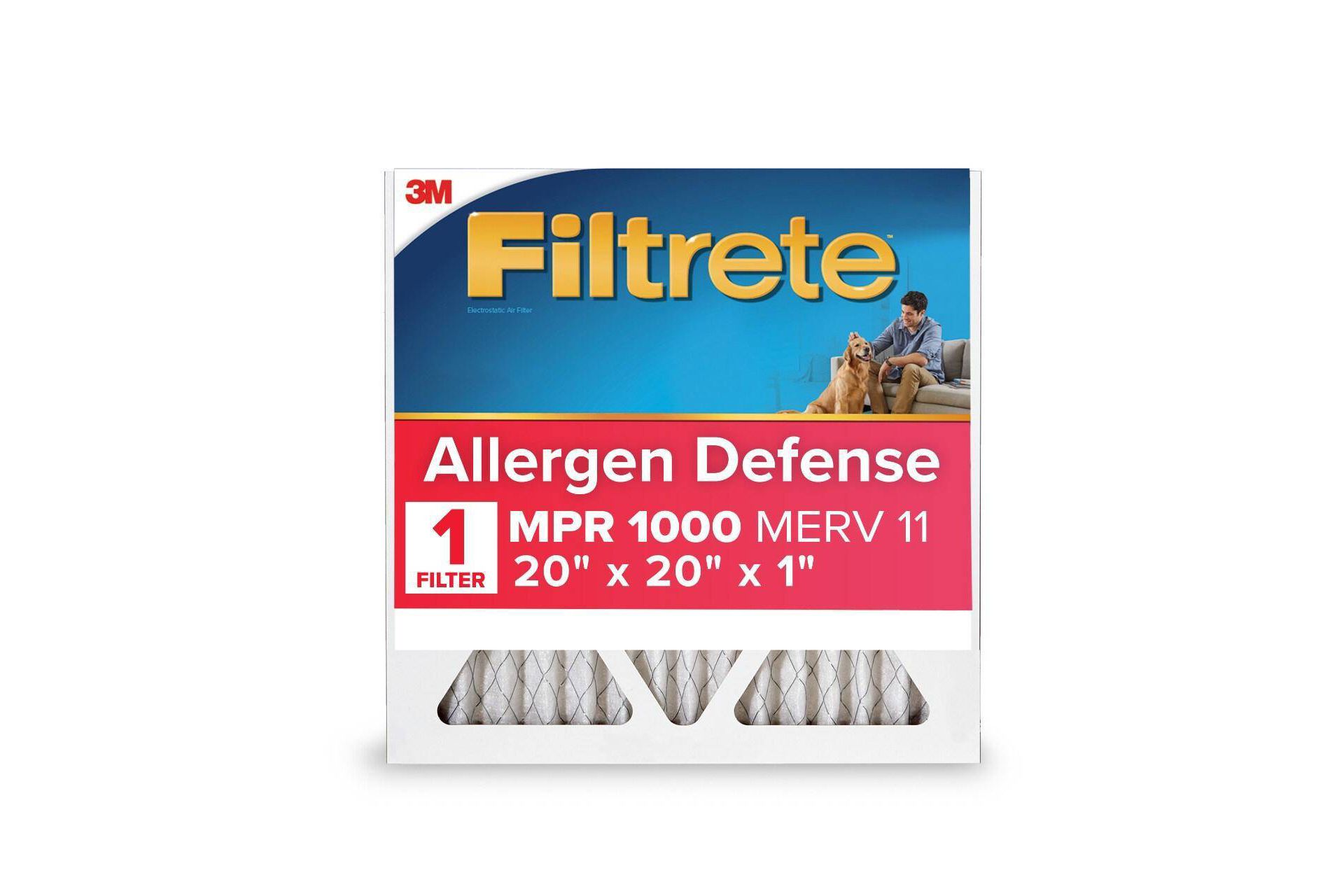 Filtrete 20x20x1 Allergen Defense Air Filter 1000 MPR: MERV 11, Electrostatic, Captures Dust & Pollen, Lasts 3 Months