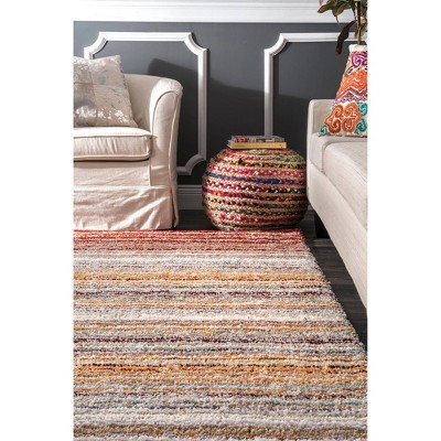 Handmade Red Multi Striped Shag Synthetic Area Rug 4' x 6'
