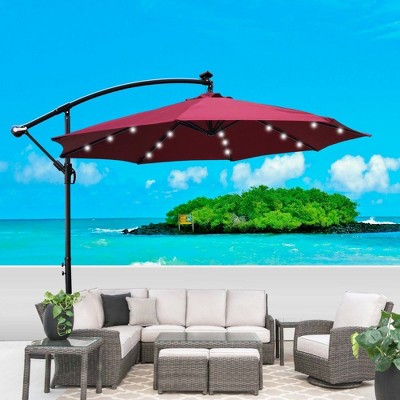 CAVINAS 10 FT Patio Umbrella with LED Light and Crank,8 Ribs Market Patio Umbrella with Cross Base for Backyard,Poolside,Deck