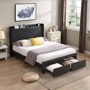 Queen Size Bed Frame with 2 Storage Drawers, Lined Fabric Upholstered Headboard with Charging Station, Storage Shelf, No Box Spring Needed, Beige - 1 of 4
