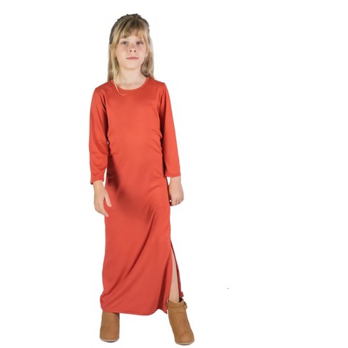 24seven Comfort Apparel Girls Long Sleeve Side Slit Maxi Dress Solid  Color-RUST-XL