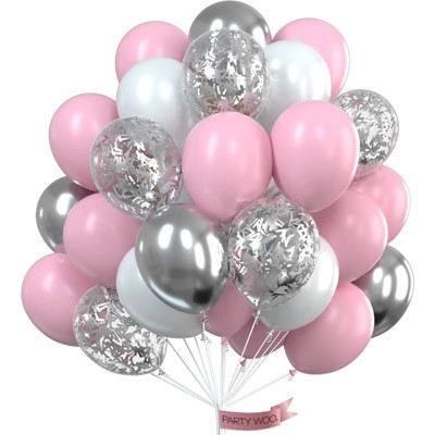 PartyWoo Balloon Set Pink White Silver Confetti 60 pcs