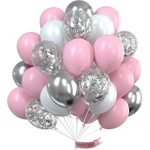 PartyWoo Balloon Set Pink White Silver Confetti 60 pcs - 1 of 4