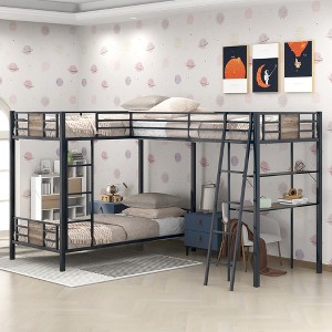 L-Shaped Twin over Twin Bunk Bed with Twin Size Loft Bed with Desk and Shelf , Brown - ModernLuxe - 1 of 4