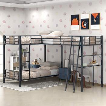 L-Shaped Twin over Twin Bunk Bed with Twin Size Loft Bed with Desk and Shelf , Brown - ModernLuxe