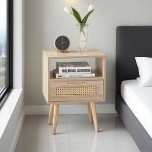 KWPZQEB Rattan Nightstand, Boho End Table with Drawer and Storage, Cane Accent Bedside End Table with Solid Wood Legs for Bedroom, Dorm - 1 of 4
