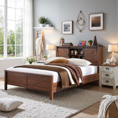 SinCiDo Farmhouse Full Size Bed Frame w/Storage Bookcase Headboard & Charging Station, Wood Platform Bed w/Wood Slat Support