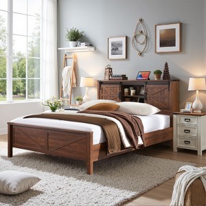SinCiDo Farmhouse Full Size Bed Frame w/Storage Bookcase Headboard & Charging Station, Wood Platform Bed w/Wood Slat Support - 1 of 4
