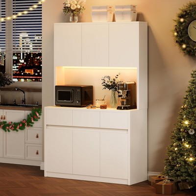 Homhougo 70" Kitchen Food Pantry with Charge Station, LED Light,Storage Cabinet White