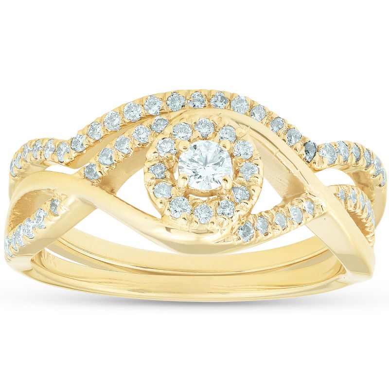 Pompeii3 3/8CT Diamond Engagement Wedding Ring Set Infinity Twist Halo 10k Yellow Gold, 1 of 6