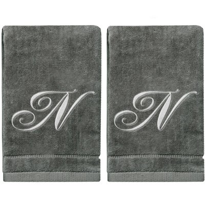 Creative Scents Gray Fingertip Monogrammed Towels Silver Embroidered