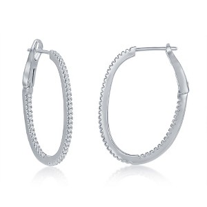 Bella Silver Sterling Silver Ultra-Thin 30mm Hoop CZ Earrings - Oval - Silver - 1 of 2