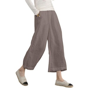 ECUPPER Womens Cotton Cropped Pants Loose Fit Wide Leg Capri Casual Plus Size Elastic Waist Trousers - 1 of 4