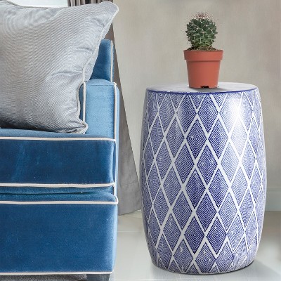 Blue and White Ceramic Diamond Drum Garden Stool
