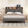 Full-Size Linen Fabric Upholstered Platform Bed with Storage Headboard, Sensor Lighting, and Integrated Sockets and USB Ports - 2 of 4