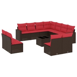 vidaXL 12 Piece Patio Sofa Set with Cushions Brown and Red Poly Rattan - With Table - 1 of 4