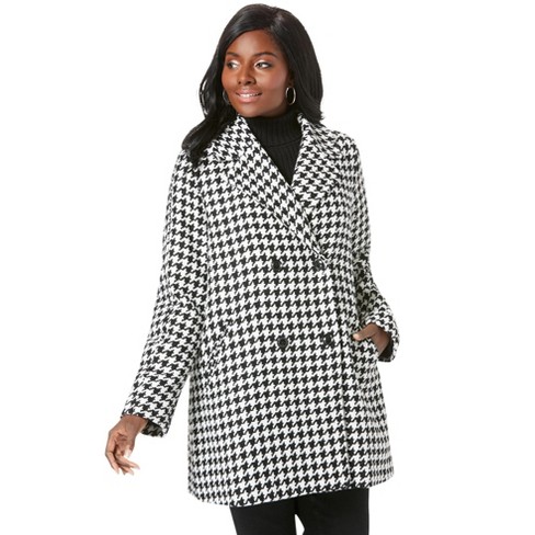 Jessica London Women s Plus Size A Line Wool Peacoat 28 Ivory Houndstooth