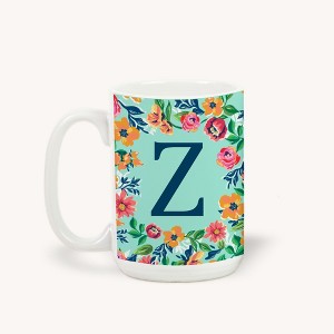 Personalization Mall Flowery Initial Coffee Mug, 15 Oz., Blue Aqua - 1 of 1