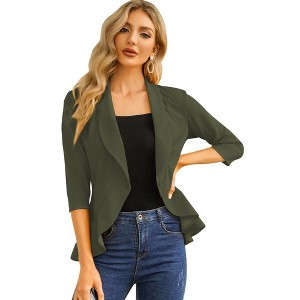 Womens Casual Blazer 3/4 Sleeve Open Front Ruffle Work Office Cardigan Suit Jacket - 1 of 4