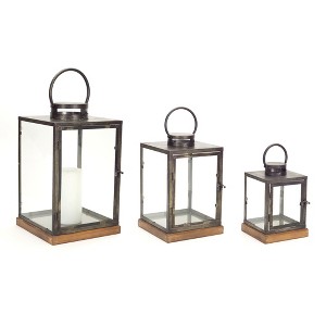HomeRoots Set of Three Gray And Brown Distressed Geometric Glass Metal And Wood Floor Lantern Candle Holders - 1 of 4