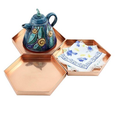 Hexagonal Copper-Plated Stainless Steel Decorative Trays, Set of 3