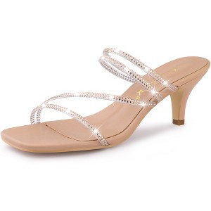 Allegra K Women's Rhinestone Strappy Square Toe Kitten Heel Slide Sandals - 1 of 4